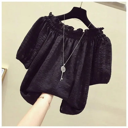 Black casual slash neck puff sleeve chiffon pullover women's blouse shirt female clothing tops fashion short blouses 2025