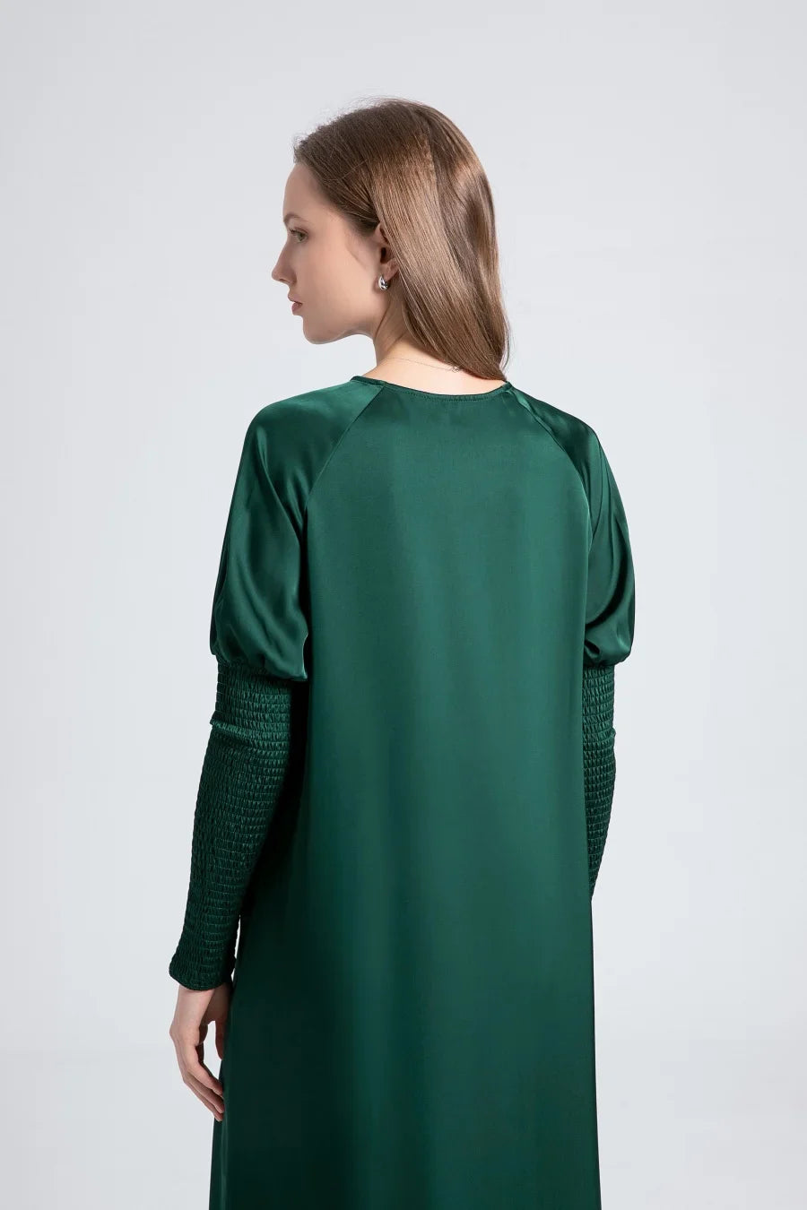 woman clothing satin dress button down design smocking sleeve maxi dress ( Ship out in 1 day)