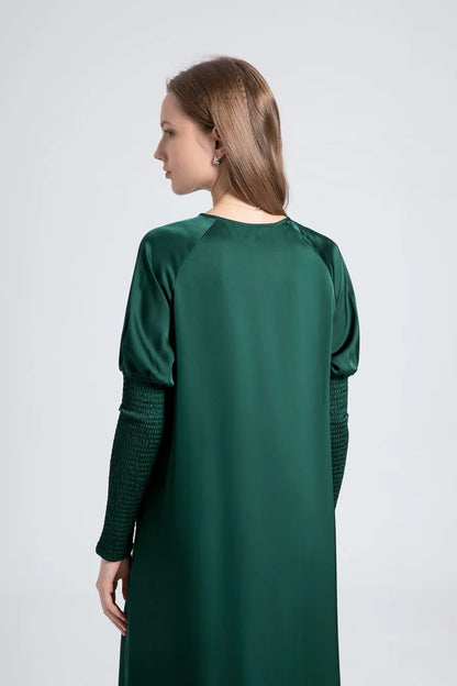 woman clothing satin dress button down design smocking sleeve maxi dress ( Ship out in 1 day)