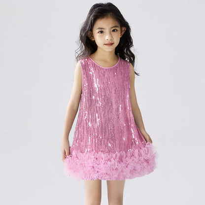Novo Vestido Infantil Tutu de Malha Brilhante Sem Mangas Princesa para Festas Fantasia de Performance para Crianças