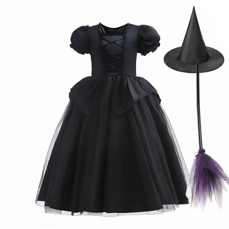 Black Princess Witch Dress with Hat Halloween 2025 Wizard Costume Play Girl Carnival Street Party Apparel Villain Witch Vestidos