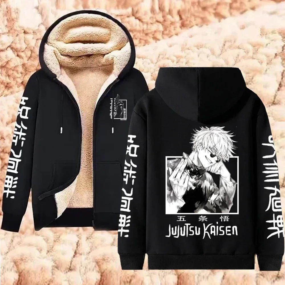 Jaqueta com Zíper Quente Gojo Satoru Anime Moletom Grosso Masculino Feminino Lã de Cordeiro Casual Manga Longa Streetwear