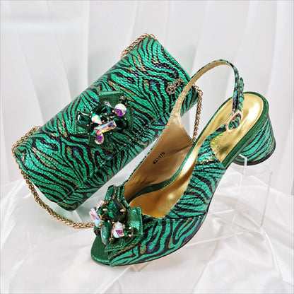 Fashion Women Elegant Gold High Heel Shoe and Matching Bag Set with Rhinestone Accents Stylish Peep Toe Design for Party