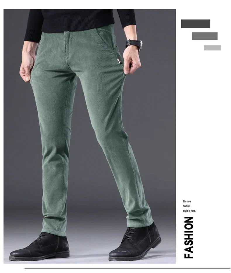 Men's Corduroy Slim Casual Pants 2024 Autumn New Coffee Fashion Stretch Straight Trousers Solid Color Male Clothes