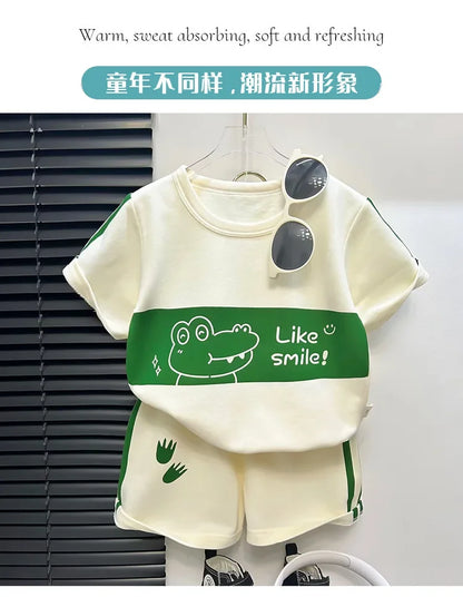 2026 New Kids Short Sleeve Suit Striped Girls Boys Set Summer Tops +short Baby Clothes Children's Wear
