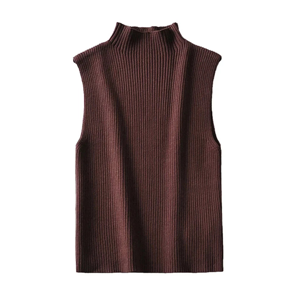Women Fashion Fitted Basic Ribbed Knit Tank Tops Vintage High Neck Sleeveless Female Camis Chic Vest Top Mujer