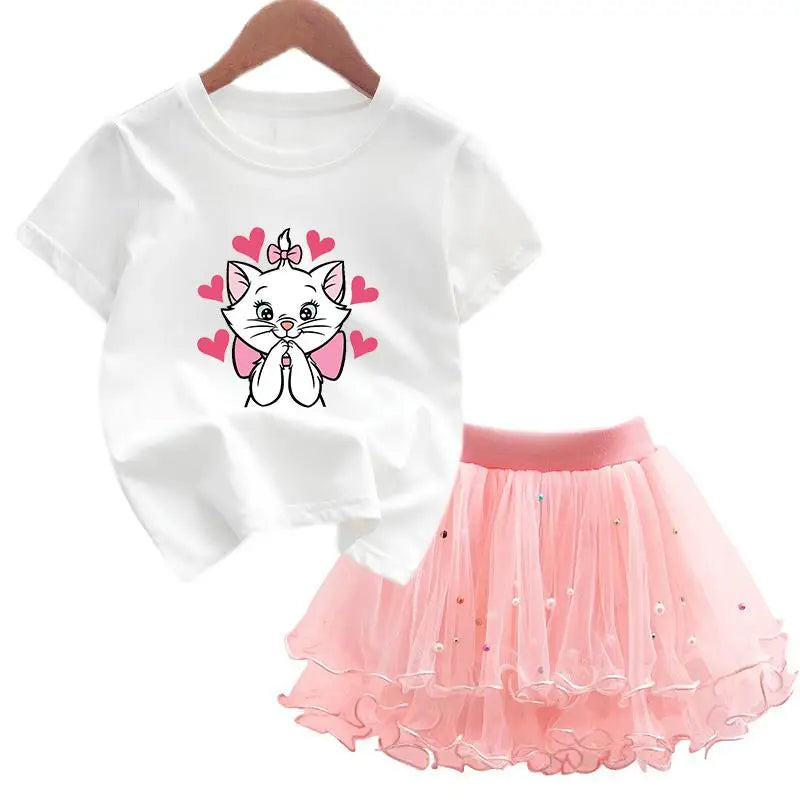 The Aristocats Marie Cat 2Pcs/Set Girl Dress Kid Birthday Clothes Party Princess Dress T-shirt+Tutu Skirt Summer Christmas Gift