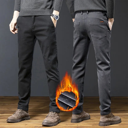 Classic Men's Fleece Slim Pants Winter Casual Velvet Business Straight Solid Thick Plush Trousers Brand Clothing Man Pants