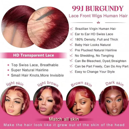 30 Inch 99J Burgundy Lace Front Wigs Human Hair 13x6 HD Transparent Body Wave Lace Front Human Hair Wig For Black Women