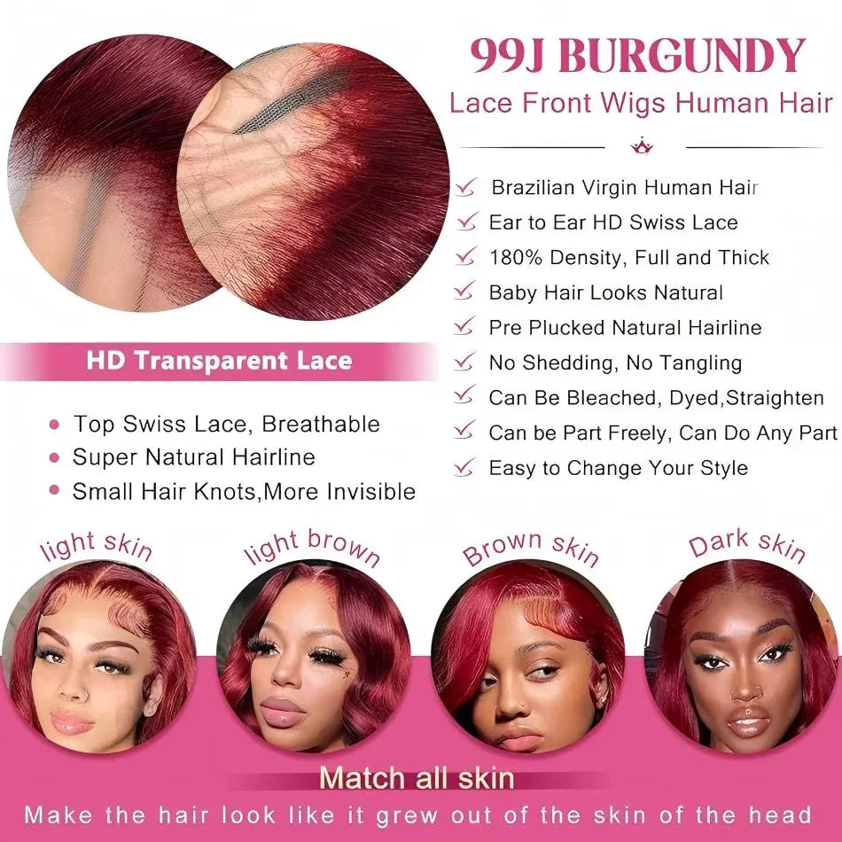 30 Inch 99J Burgundy Lace Front Wigs Human Hair 13x6 HD Transparent Body Wave Lace Front Human Hair Wig For Black Women