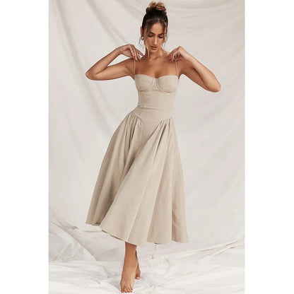 Women Elegant Sleeveless Backless Pleated Dresses Lady Sexy Solid Sling Midi Dress 2024 Female Party Evening A-line Robes