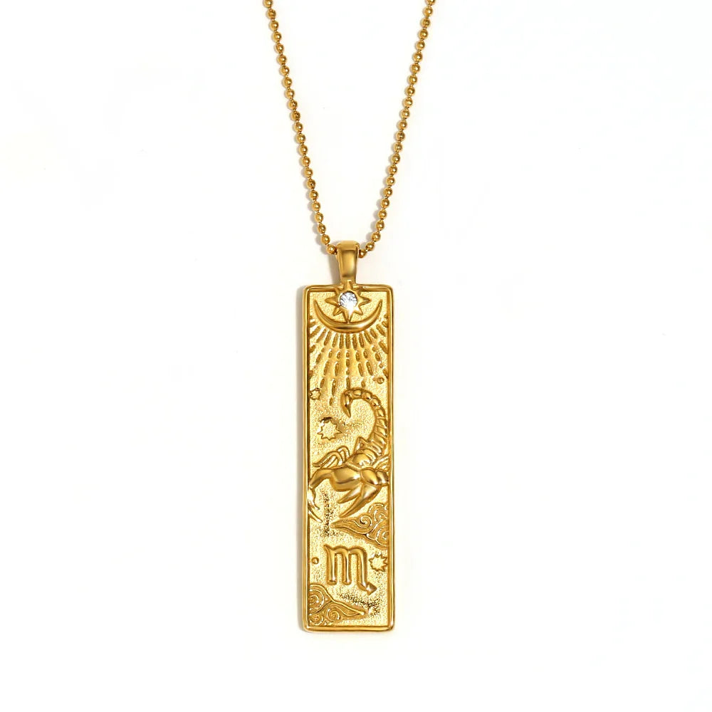 18k Gold Plated Rectangle Shape 12 Constellation Pendant Necklace Stainless Steel Waterproof Fashion Women's Jewelry