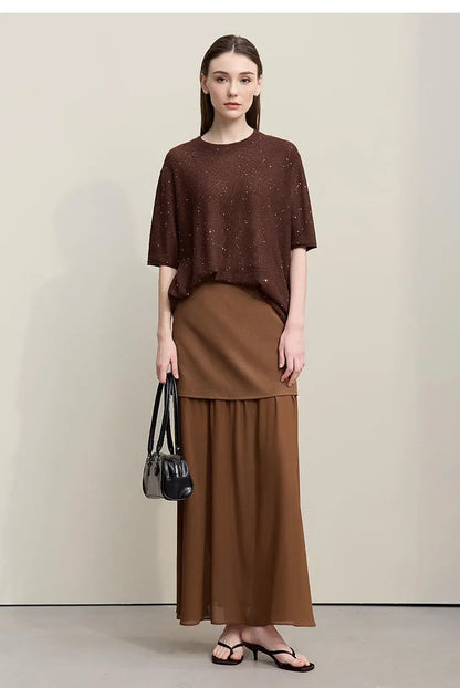 Women's Skirt 2026 Spring New Elegant Patchwork Chiffon Long Skirt Solid Color Straight Versatile Woman Clothes 12641047