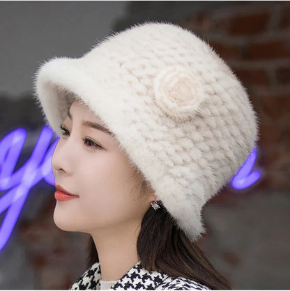 Woman Hat Winter Solid Mink Caps With Flower Natural Mink Fur Hats New Russian Girl Soft Knitting Real Fur Bucket Hats 2026 Warm