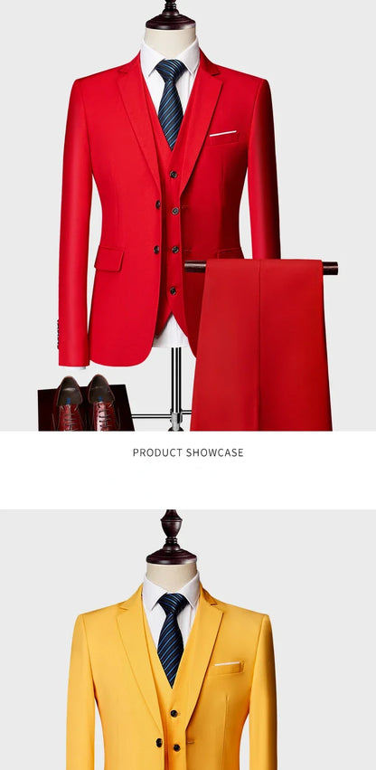 ( Jacket +Vest+ Pants ) Luxury Men's High-end Brand Solid Color Business Office Suit 3Pcs & 2Pcs Groom Wedding Party Suit Tuxedo