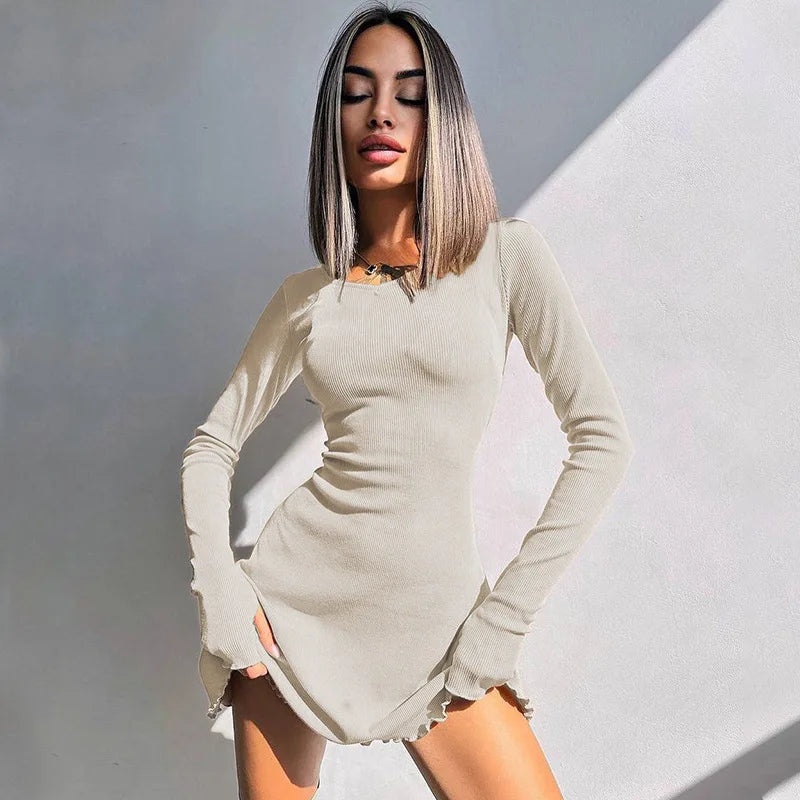 Women 2024 Spring Autumn Fashion Long Sleeve Knitted Streetwear Bodycon Short Mini Dress Wholesale Items For Business