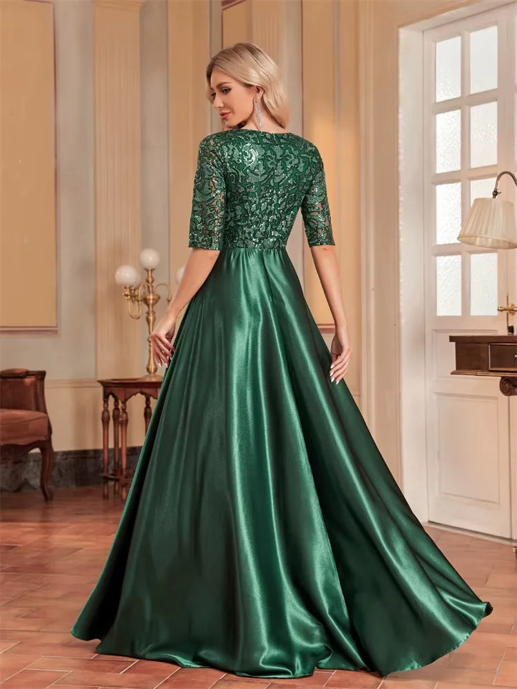 Luxury Short Sleeve Green Satin V-Neck Evening Dress Women Sequin elegant Party Prom Floor Lenght Cocktail Graduation Gowns