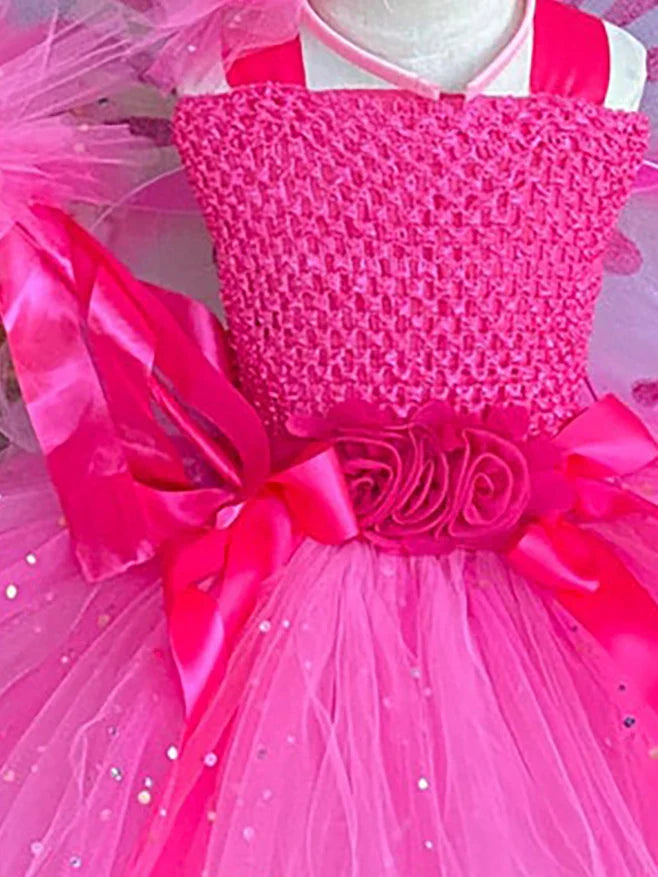 Girls Pink Glitter Tulle Dress Kids Butterfly Fairy Tutu Dresses with Wing and Stick Hairbow Children Halloween Cosplay Costume