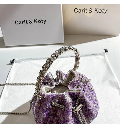 Luxury Designer Purple Stones Evening Clutch Bag Wedding Party Bucket Purse Metal Handle Women's Handbag Shoulder Messenger Bag