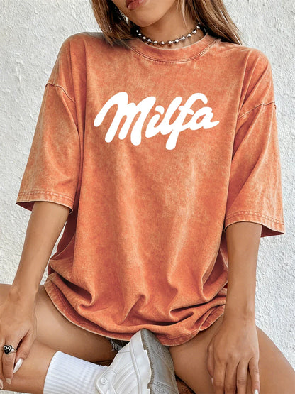 Milfa Purple Art Letter Printing Washed T-Shirts Womens Cotton Short Sleeve Tops Street O-Neck Oversize T Shirt Summer Clothes
