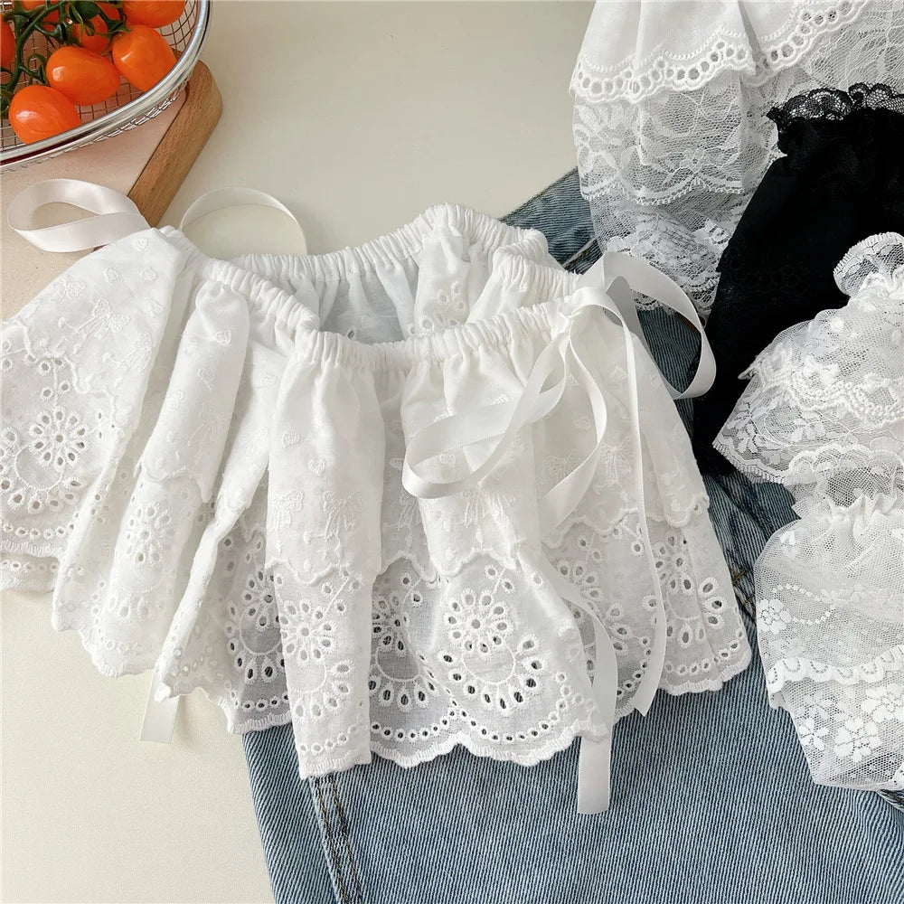 Korean Sweet Embroidered Ruffled Lace Trim Fart Curtain A Line Skirt Women High Waist Layering Cake Skirts Y2K Girls Streetwear