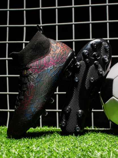 High quality, high-top football shoes, unisex style, comfortable, breathable, available in TF and FG options.  Sole spikes