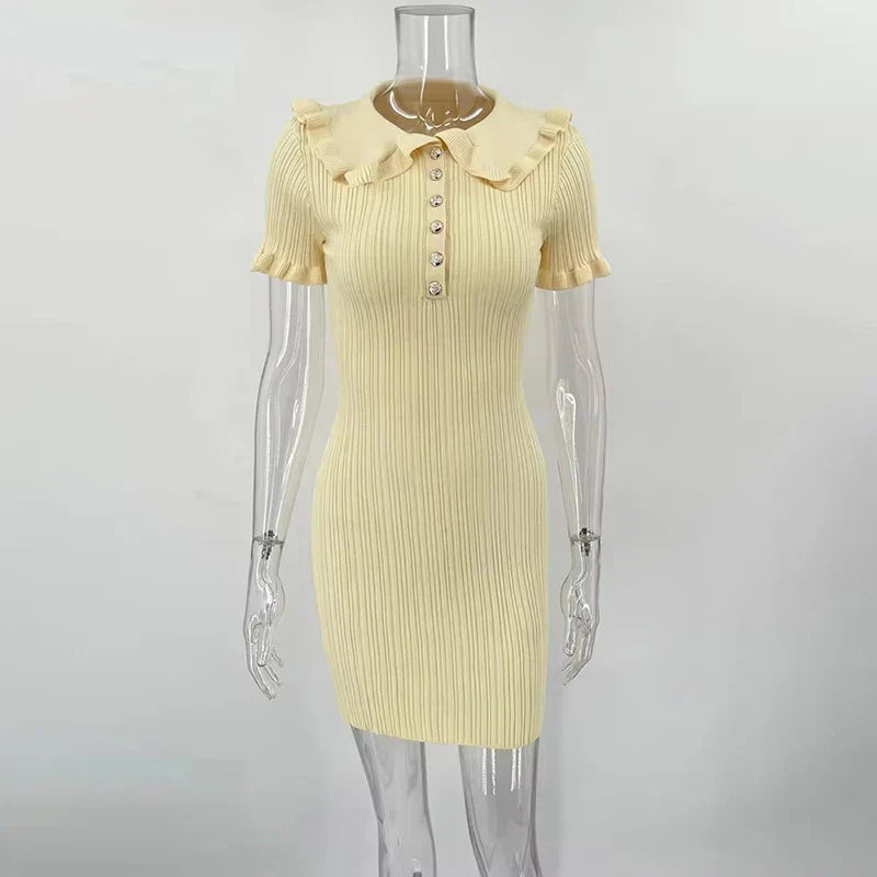 Ruffled Knitted Mini Dresses For Women High Waist Summer 2025 New Short Sleeve Dress Bodycon Female Retro Elegant Dress