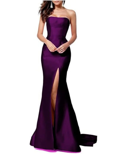 Women's Sleeveless Mermaid High Slit Backless Long Prom Gowns Strapless Floor Length Satin Evening Maxi Dresses