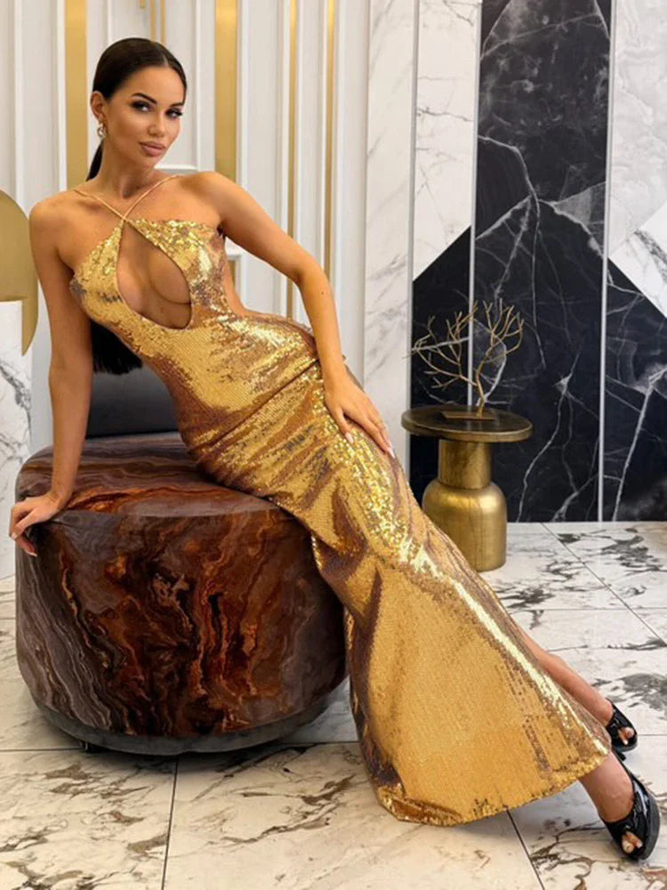 Women'S Gold Sequins Luxury Party Gown Sexy Backless  Long Dress For Wedding Banquet Party Female Clothing