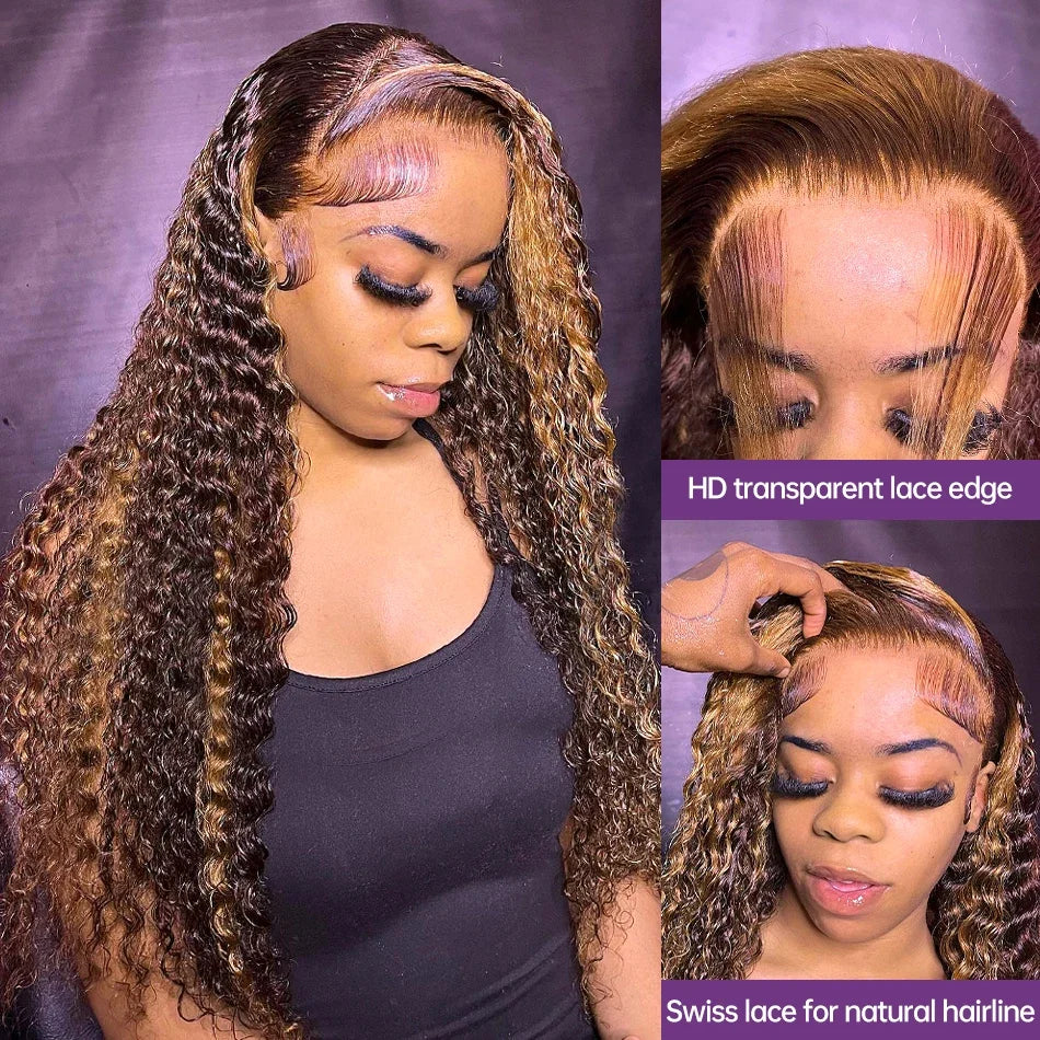 HD Transparent Highlight Wig Human Hair Honey Blonde Lace Front Wigs For Women Curly Human Hair Wig Deep Wave Lace Frontal Wig