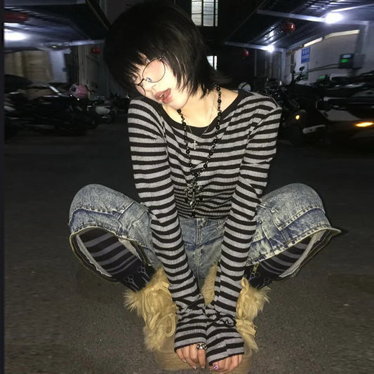 Y2k T-shirt Women Long Sleeve Off Shoulder Striped Crop Tops Y2k Grunge 2000s Aesthetic Streetwear T Shirts