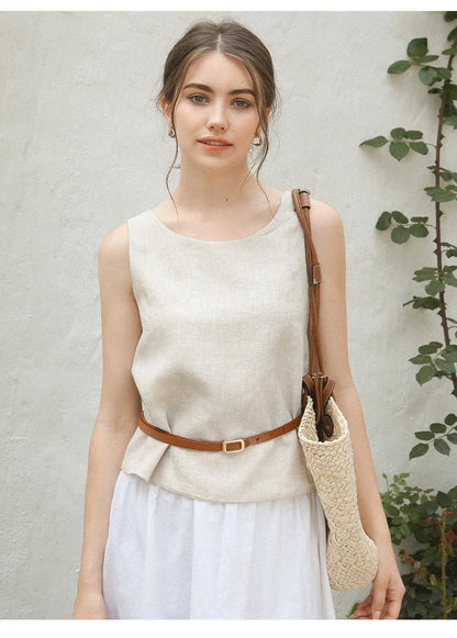 100% Linen Top Women Casual Solid Back Cross Patchwork Tank Top Summer Tops Haut Femme Women'S Clothing Offer Free Shipping