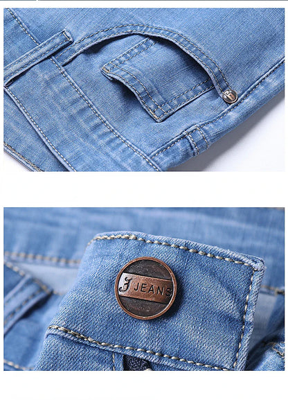 Summer Men Denim Shorts New Style Thin Embroidery Business Casual Straight  Short Jeans Male Brand Clothing Black Blue