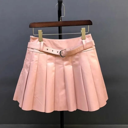 Autumn Women Sweet Sheepskin Genuine Leather Pleated Skirt High Waist Belt Fashion Casual Party Solid Color A Line Short Skirts