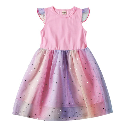My Little Ponys Baby Girls Dress Children Cartoon Mesh Star Sequins Princess Dress Kids Flying Sleeve Skirt For Birthday Gift