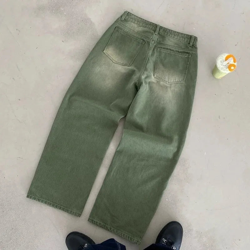 Calça Jeans Retrô Y2K Matcha Lavada Borda de Bilhar Calça Jeans Bordada Moda de Londres Estilo de Nova York Streetwear Unissex Jeans Folgado