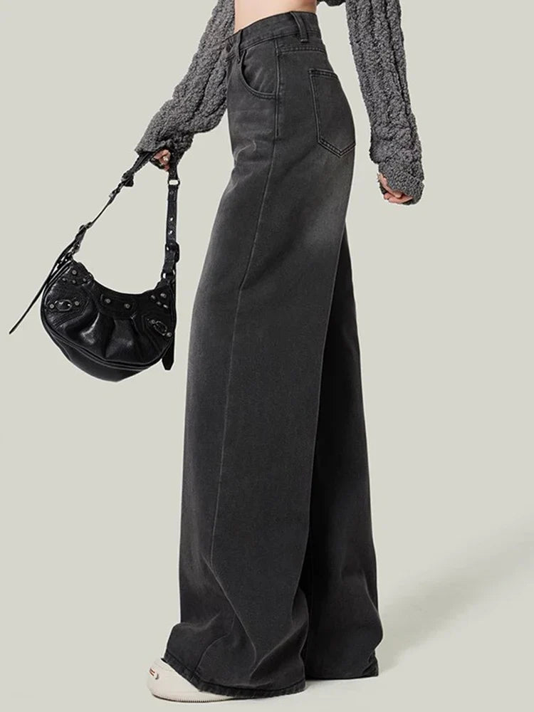 Woman High Waist Jeans Lady Slim Fit Loose Denim Wide Leg Pants