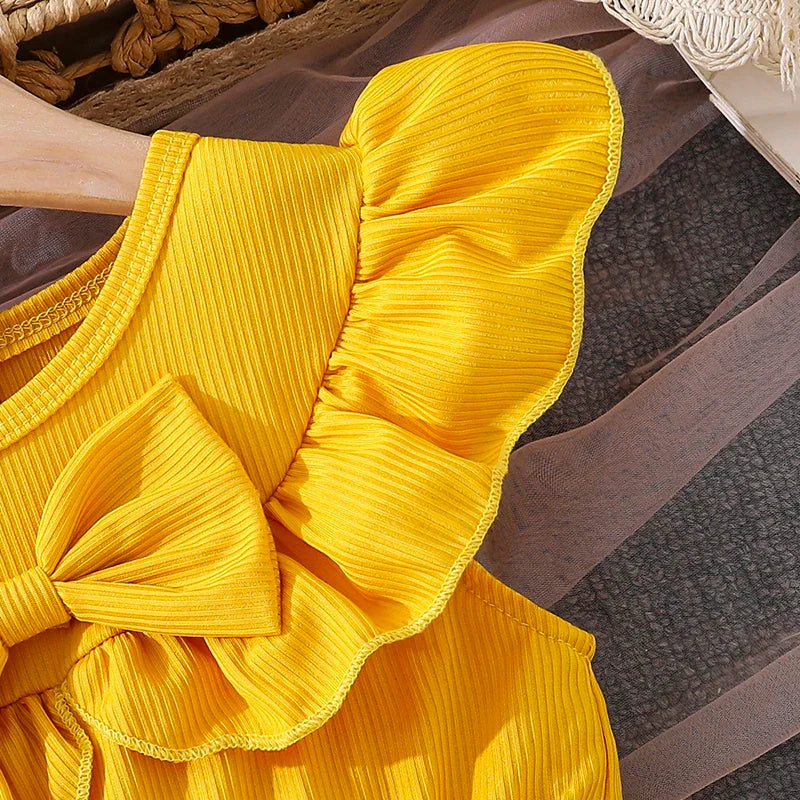 Girls 4-7 Yellow Summer Casual Dress, Front Ruffled Sleeve Design with Bow & Daisy Print Tulle Skirt, Daily Kids Outfit