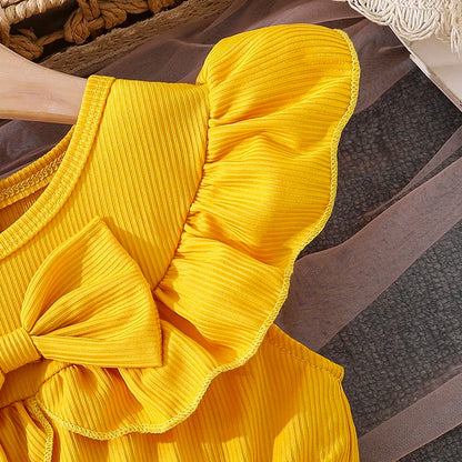 Girls 4-7 Yellow Summer Casual Dress, Front Ruffled Sleeve Design with Bow & Daisy Print Tulle Skirt, Daily Kids Outfit
