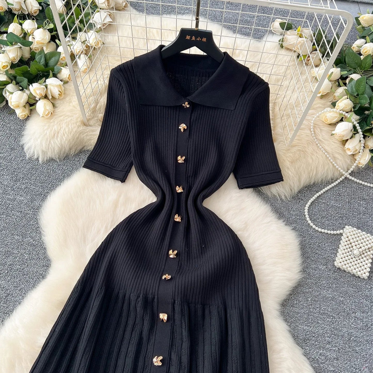 Fashion Elegant Patchwork Knitted Maxi Dress 2025 Summer Lady Turn-down Collar Shirt Sweater Dress Party Vestidos