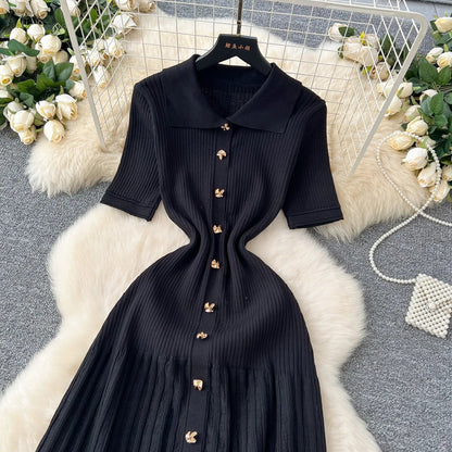 Fashion Elegant Patchwork Knitted Maxi Dress 2025 Summer Lady Turn-down Collar Shirt Sweater Dress Party Vestidos