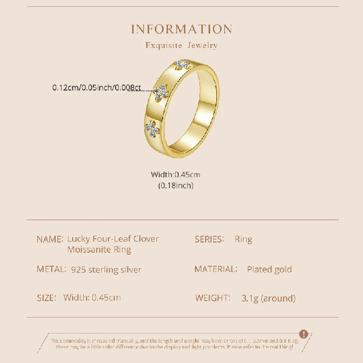925 Sterling Silver Lucky Clover Moissanite Ring, Gold Plated D Color Round Cut Wide Band Ring for Women Wedding Gift