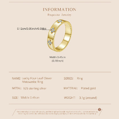 925 Sterling Silver Lucky Clover Moissanite Ring, Gold Plated D Color Round Cut Wide Band Ring for Women Wedding Gift