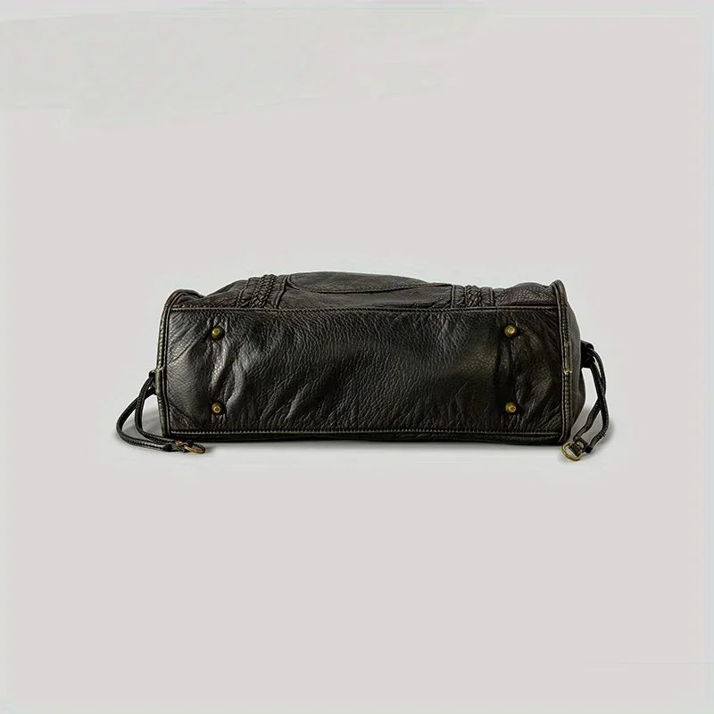 Braided Trim Black Leather Tote Bag with Gold Rivets & Front Zipper Pocket - Top Handle Work Purse for Women, Briefcase ﻿ ﻿