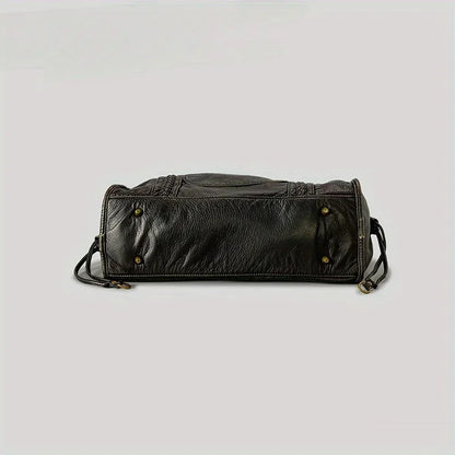 Braided Trim Black Leather Tote Bag with Gold Rivets & Front Zipper Pocket - Top Handle Work Purse for Women, Briefcase ﻿ ﻿
