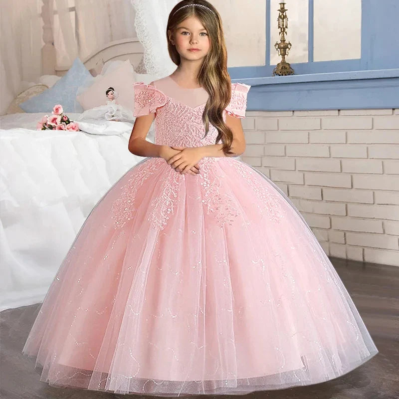 Flower Girl Lace up Dress Wedding Kids flowers First Communion Ball embroidery Festival Party Dress 12Y