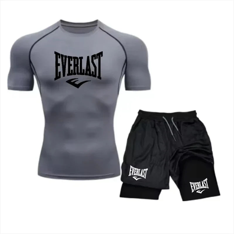 Men's Compress Shirt + 2-in-1 sports shorts 2pcs Set Leisure Breath Short Sleeve Sport Jogging Gym Brand Print Clothing