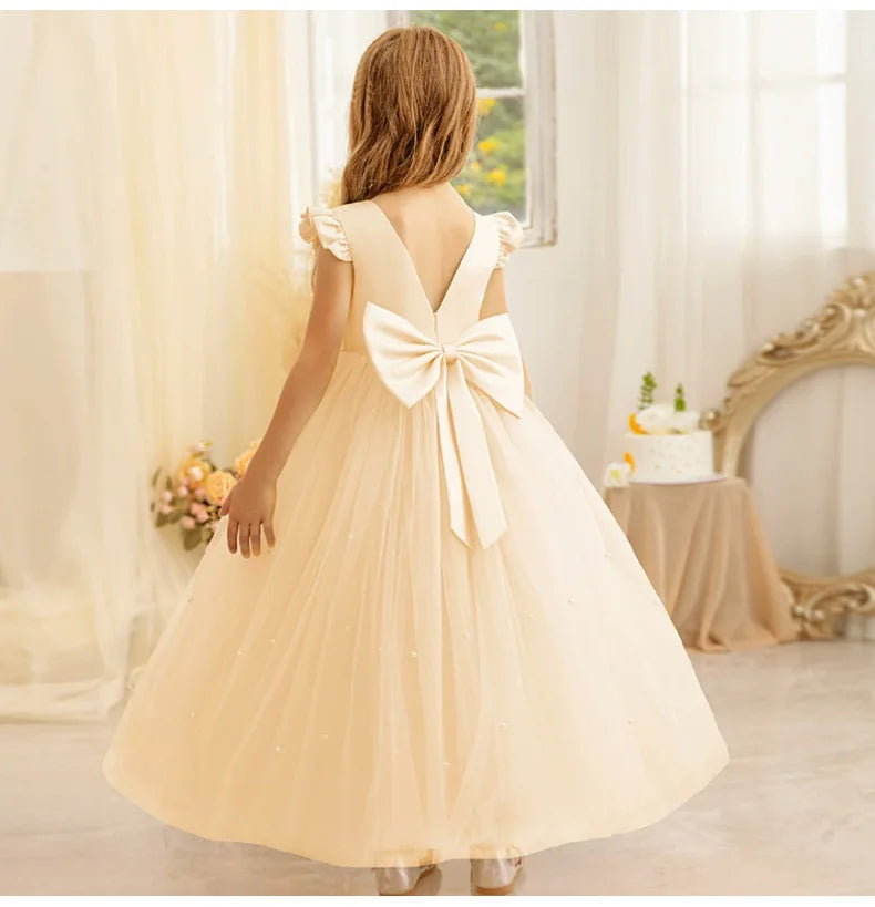 Summer Girl Flower Birthday Tulle Dress Backless Bow Wedding Gown Piano Kids Party Wear Princess Dress Baby Girl Bowknot Dresses