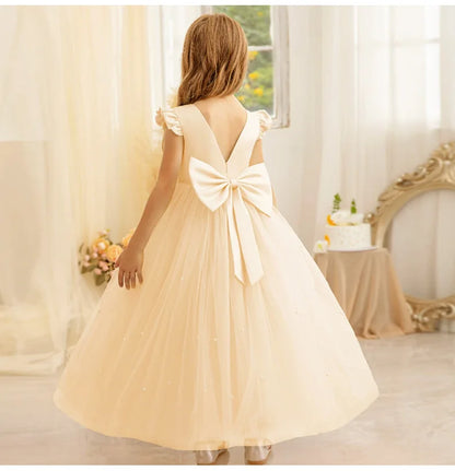Summer Girl Flower Birthday Tulle Dress Backless Bow Wedding Gown Piano Kids Party Wear Princess Dress Baby Girl Bowknot Dresses