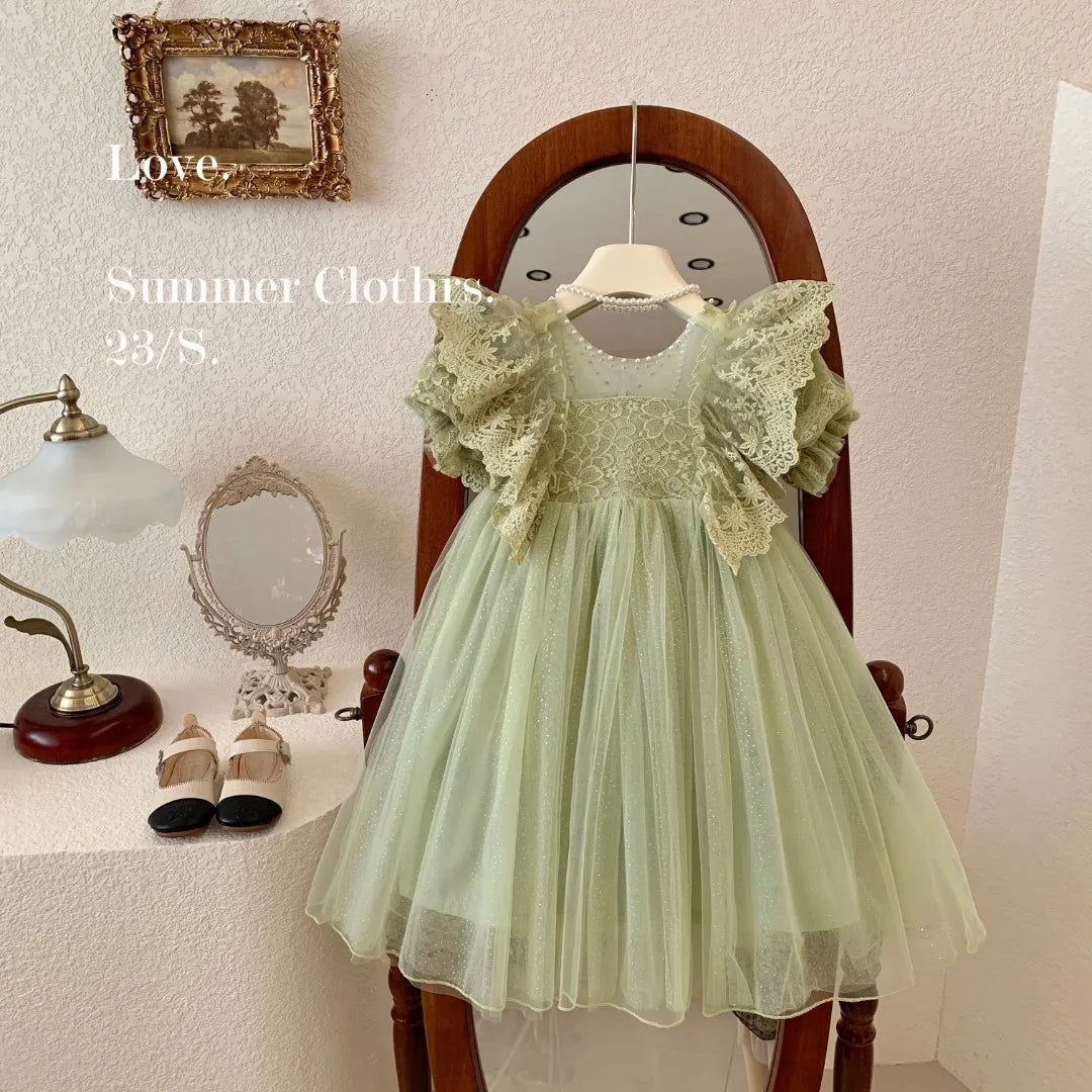 Kid Girl Elegant Light Green Dress for Children Intricate Lace Flutter Sleeves and Voluminous Sparkling Tulle Skirt Summer